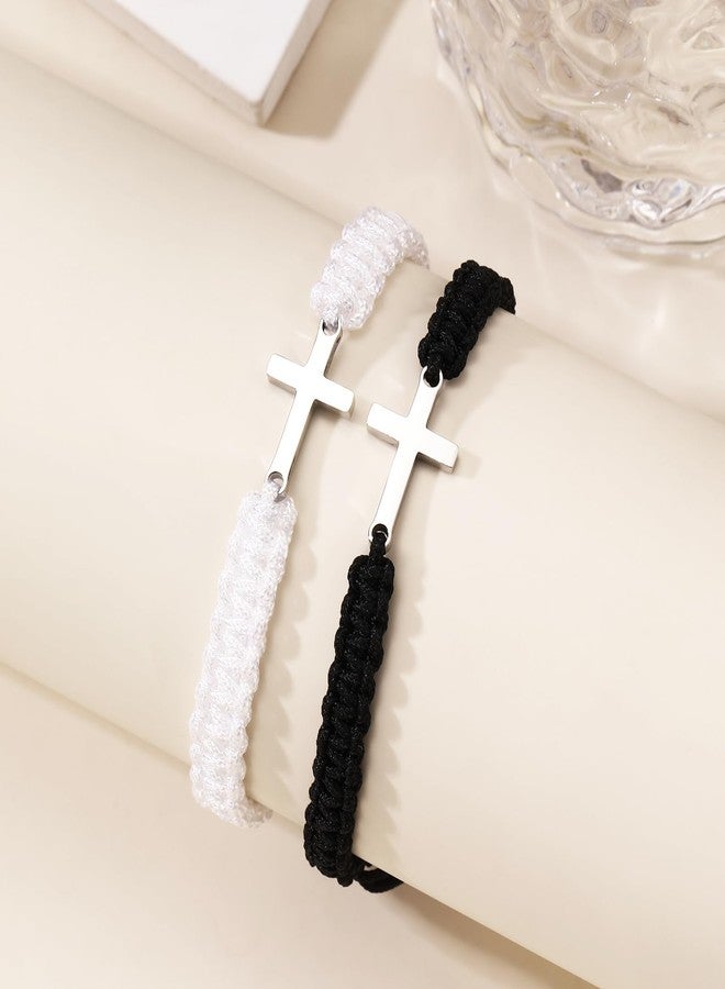 Korotho Matching Bracelets for Couples Friends, 2 Pcs Cross Bracelet for Women Men Matching Couple Jewelry for Girlfriend Boyfriend BFF Friendship Bracelets Gifts for 2 Pulseras Para Hombres (BW) - Image 5